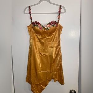 woman’s satin flower appliqué contrast zip up mini dress